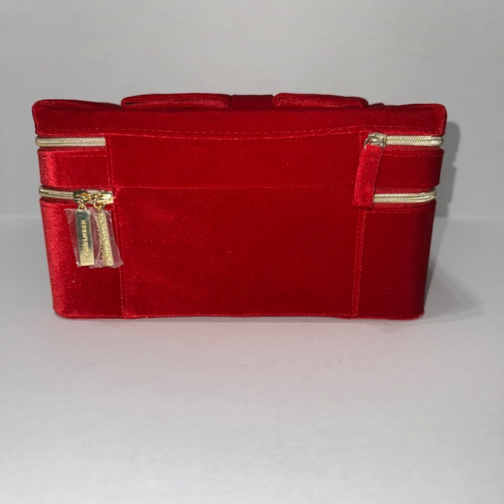 Estee Lauder 2024 Red Bow Handle Train Case-Makeup Bag-Velvet-2 Compartments - Picture 4 of 10
